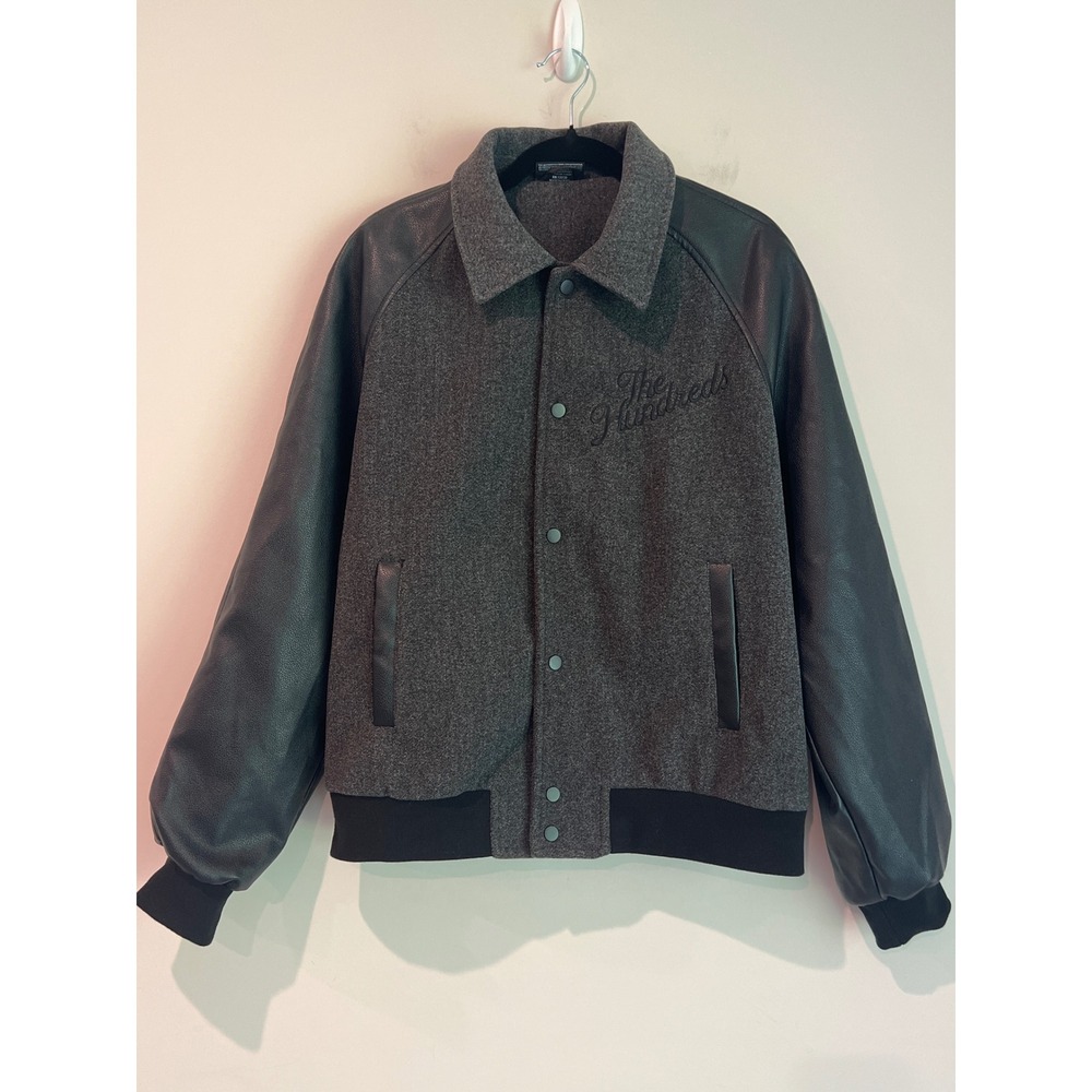 The Hundreds Men's Varsity Bomber Jacket Grey Black Faux Leather Sleeve Large